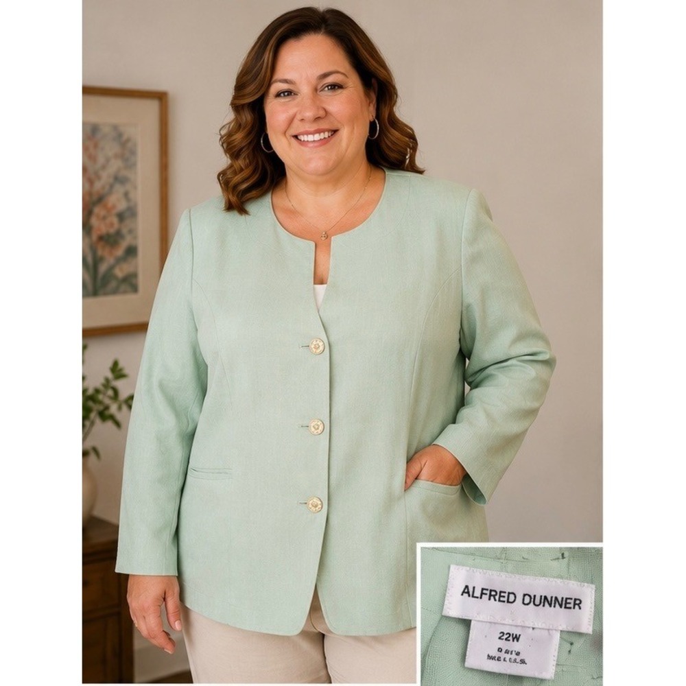 Vintage Alfred Dunner Mint Green Collarless Blazer Jacket 22W Made in USA Retro